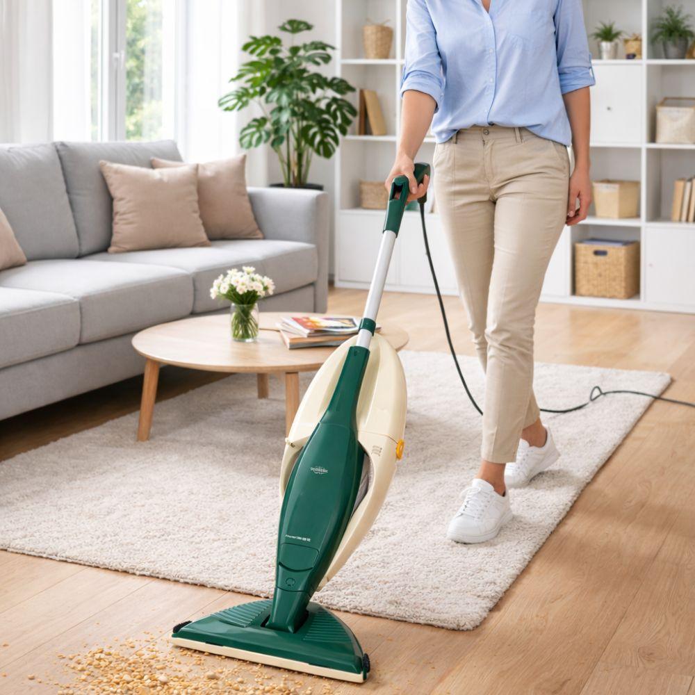 Folletto VK131 durante l'utilizzo su tappeto in ambiente domestico