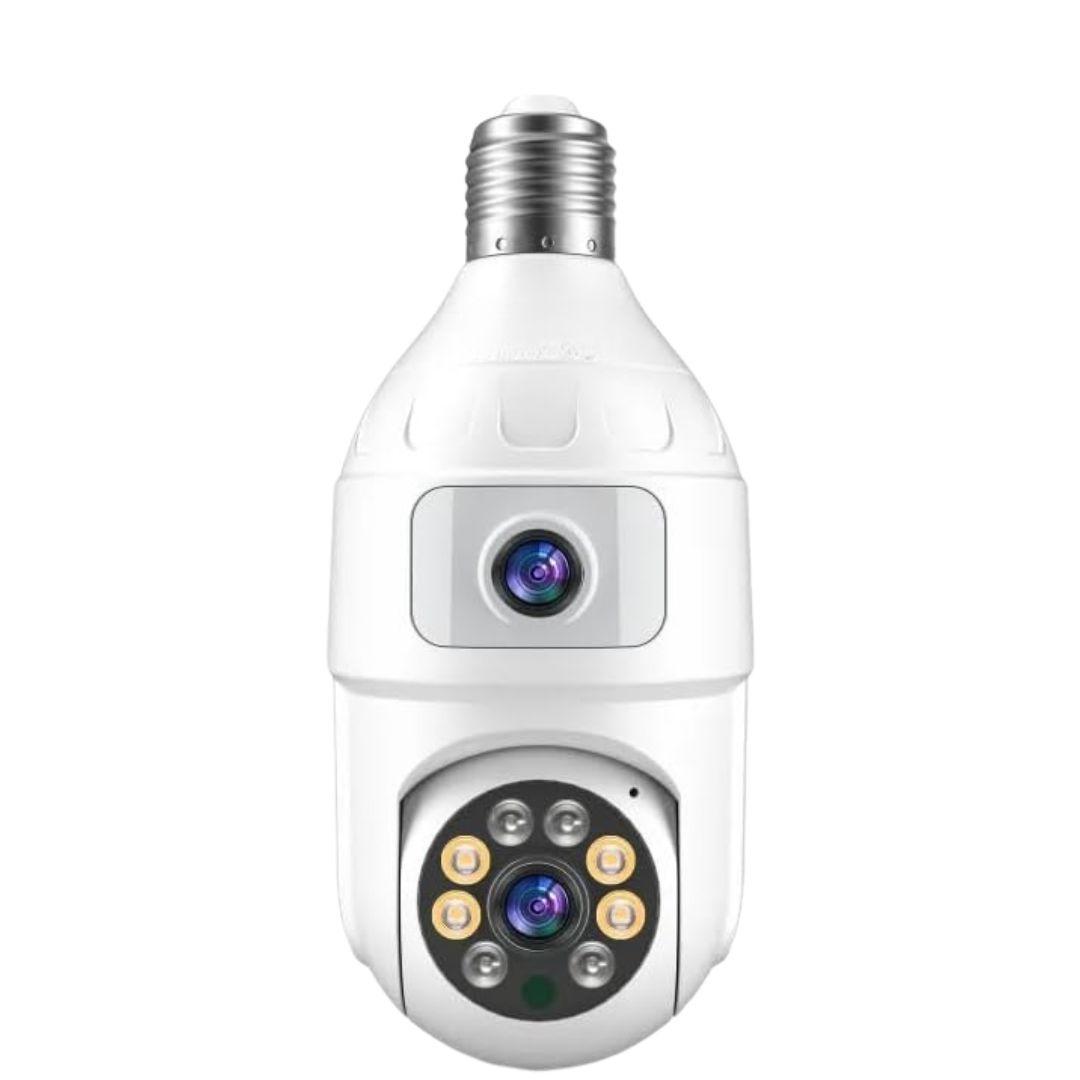 Telecamera a lampadina bianca con doppio obiettivo, vista frontale e laterale