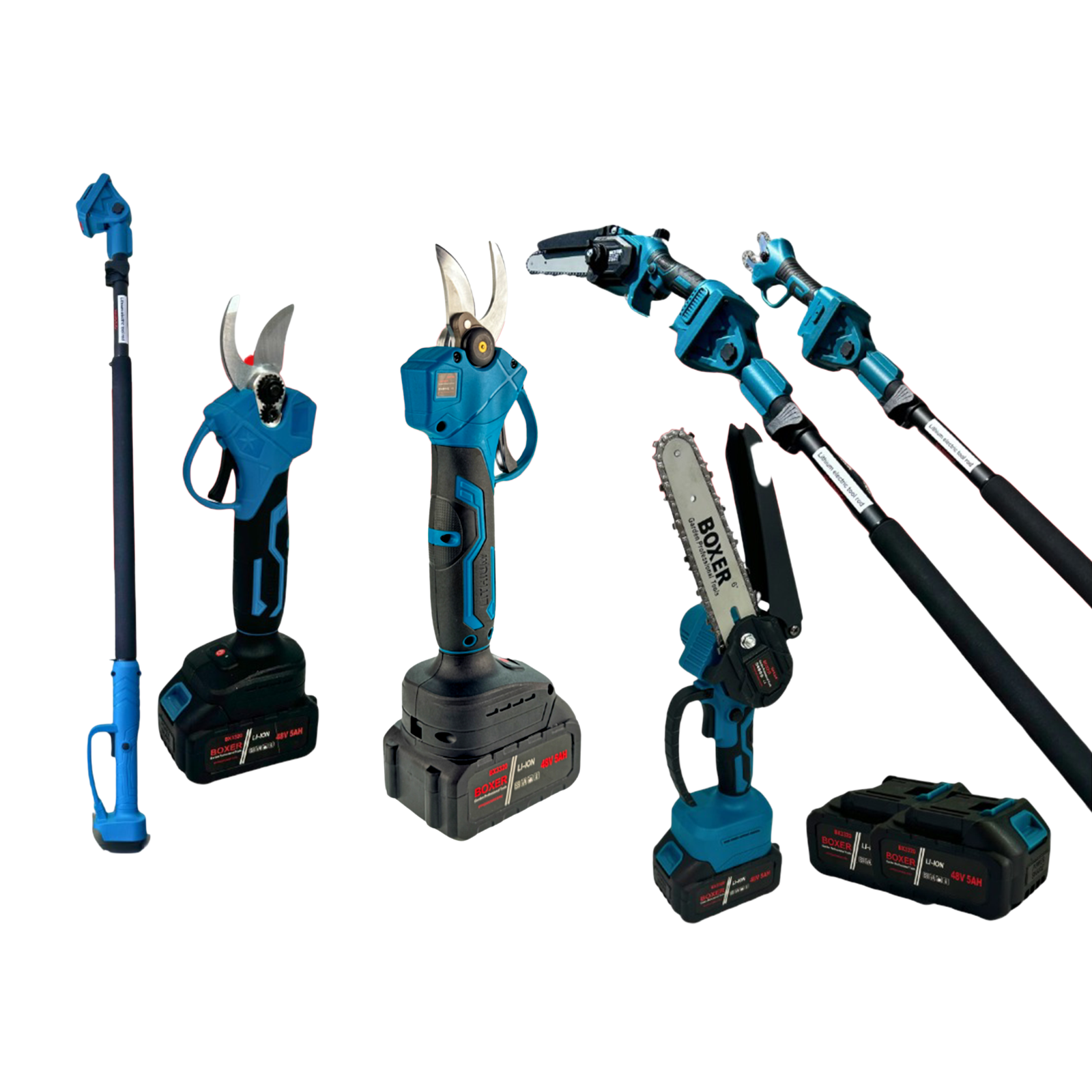 Kit completo Boxer: forbice a batteria, motosega a batteria e asta telescopica su sfondo bianco