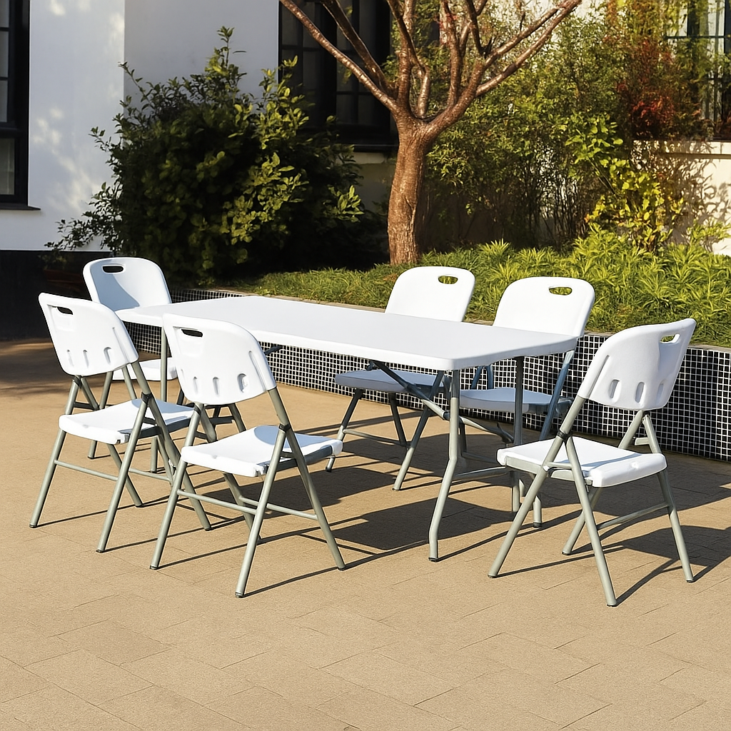 tavolo pieghevole salvaspazio 180x70x74 cm (bianco) - foto 2 Tavolo pieghevole bianco in giardino con sedie
