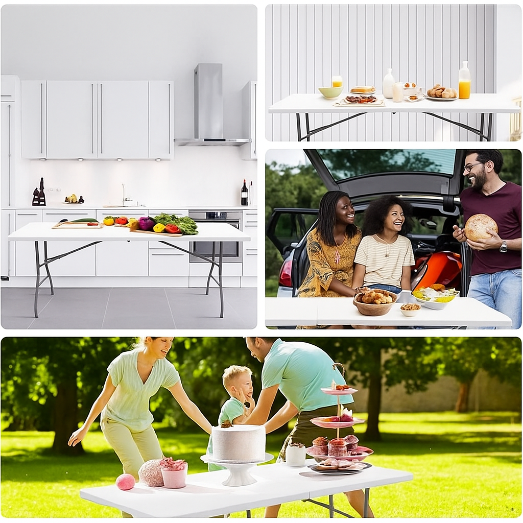tavolo pieghevole salvaspazio 180x70x74 cm (bianco) - foto 3 Tavolo pieghevole in uso: interno, cucina, giardino, auto