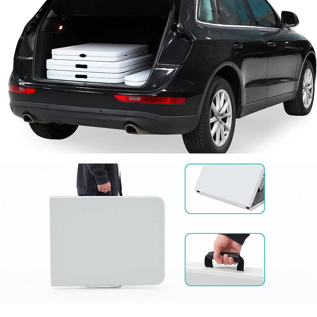 tavolo pieghevole salvaspazio 180x70x74 cm (bianco) - foto 4 Tavolo pieghevole nel bagagliaio dell'auto con dettagli di chiusura