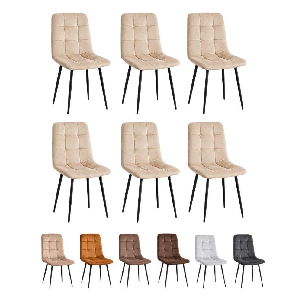 Set 6 sedie da pranzo imbottite in velluto beige con gambe nere in metallo