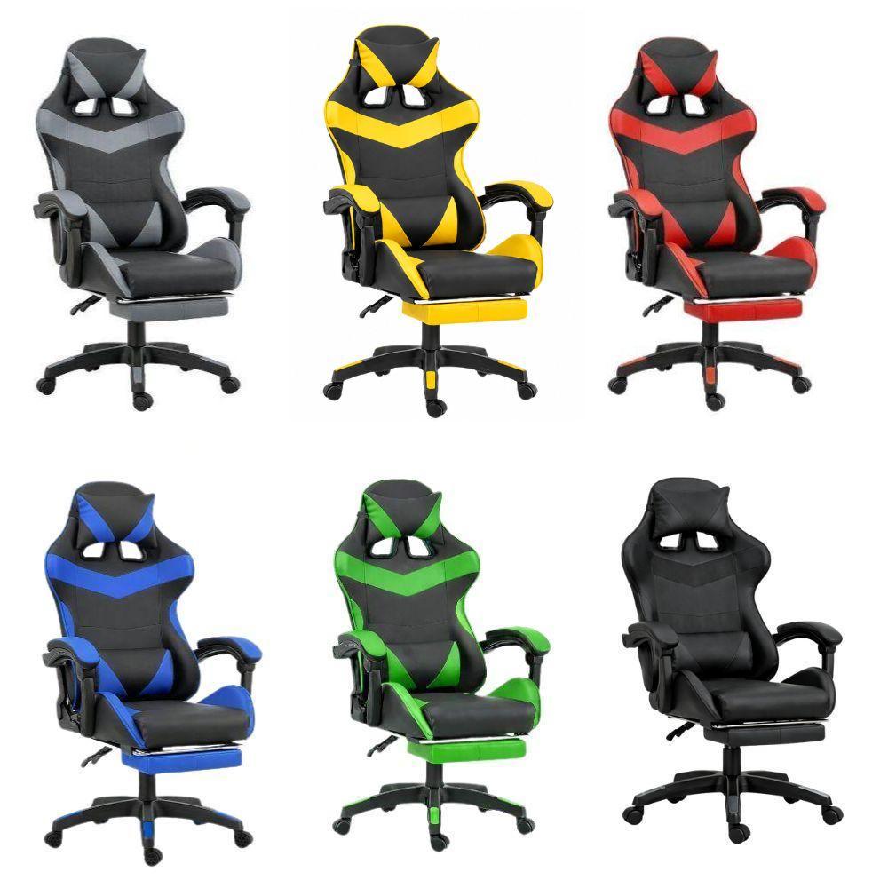 Sei varianti di sedie gaming ergonomiche con ruote: grigio, giallo-nero, rosso-nero, blu-nero, verde-nero, nero
