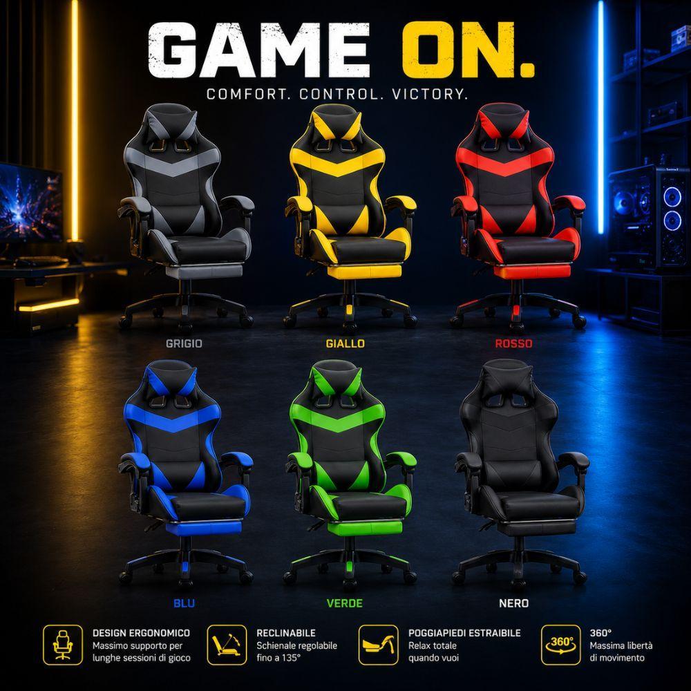Sei varianti di sedie da gaming ergonomica in contesto d'uso con illuminazione gaming