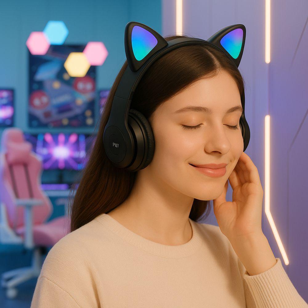  cuffie bluetooth cat ear headset gaming con effetti led e suono stereo - foto 5