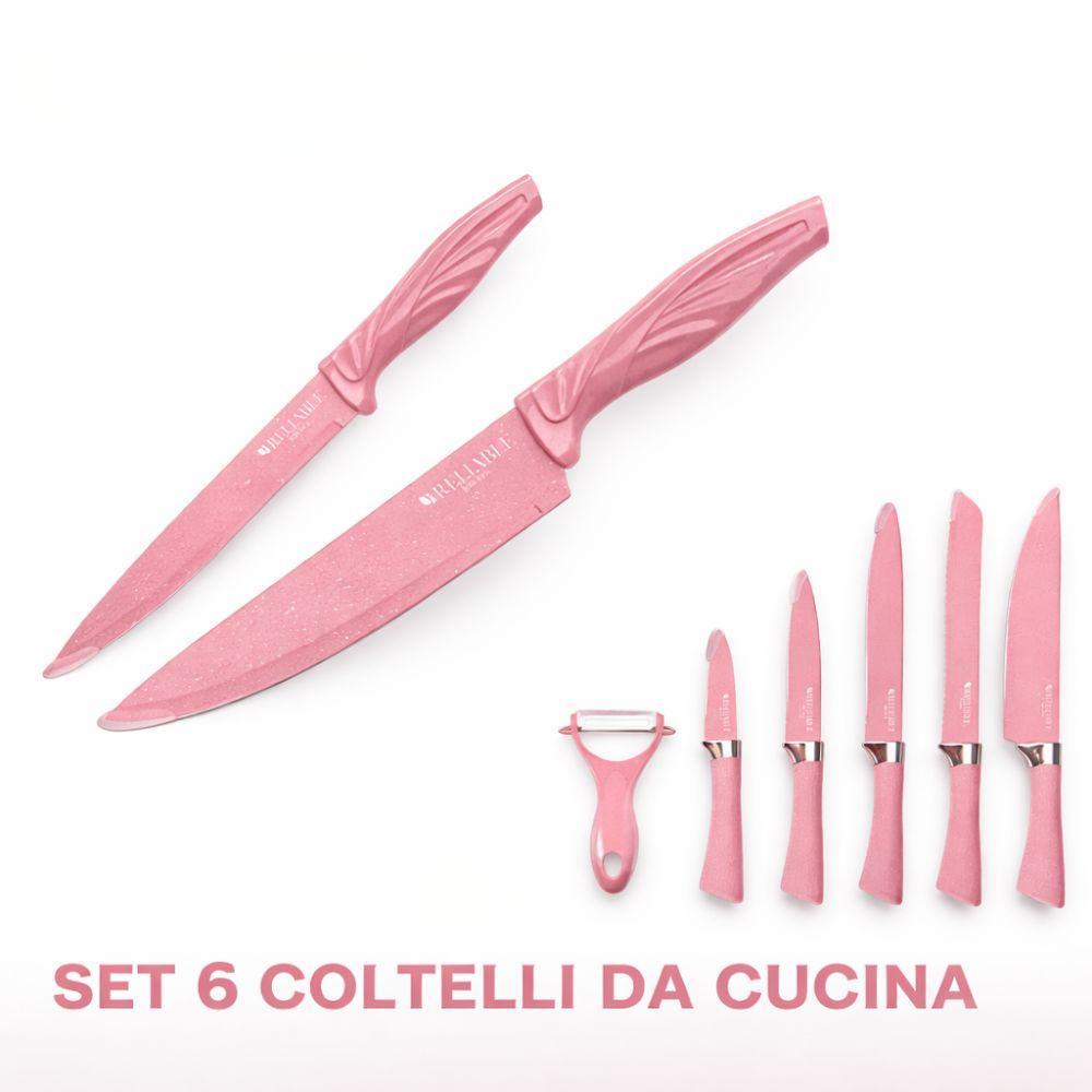 set 6 coltelli da cucina – acciaio antiaderente e impugnatura ergonomica - foto 2 Set con due coltelli grandi in primo piano e accessori in basso a destra