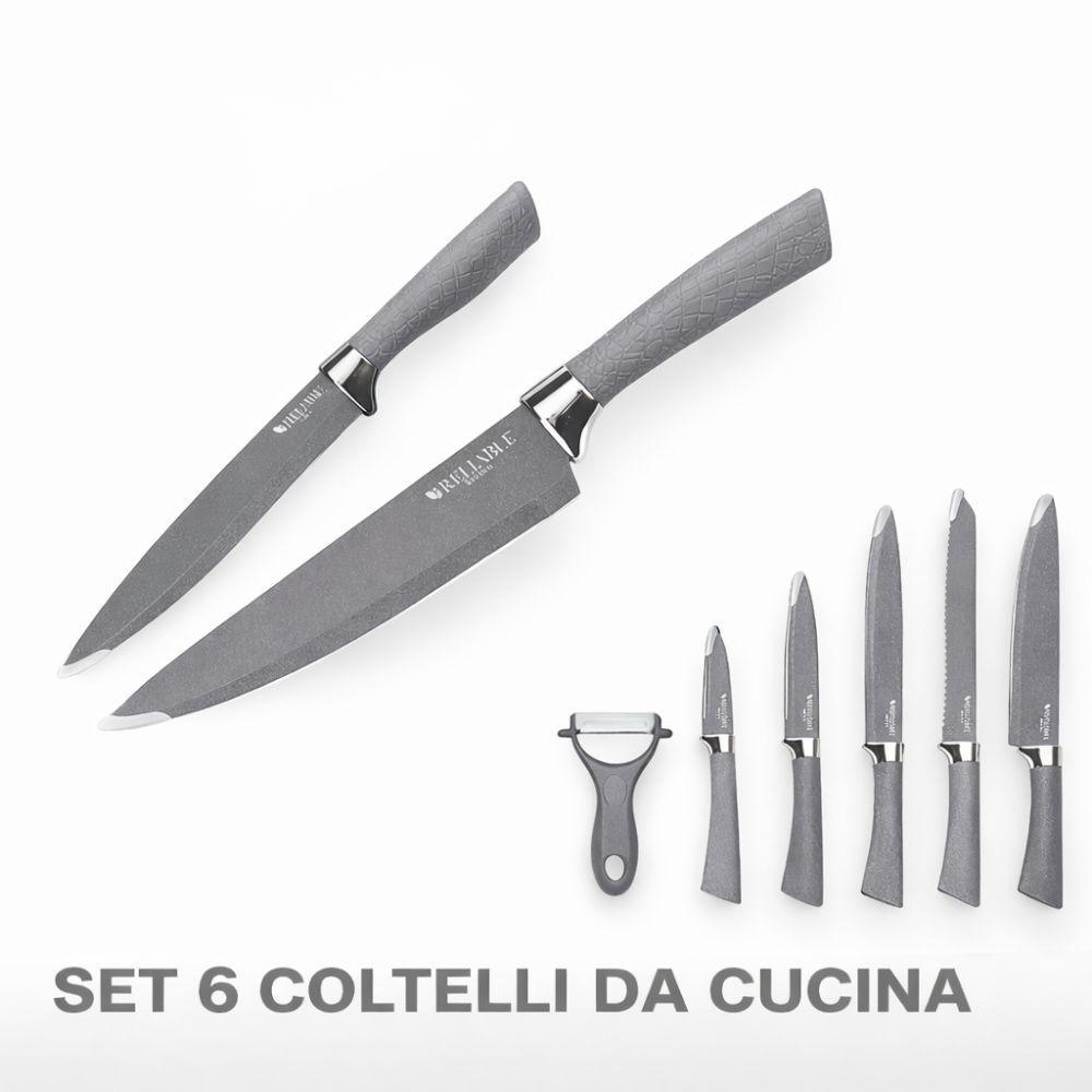 set 6 coltelli da cucina – acciaio antiaderente e impugnatura ergonomica - foto 3 Set con due coltelli grandi in primo piano, accessori e coltelli piccoli in basso a destra