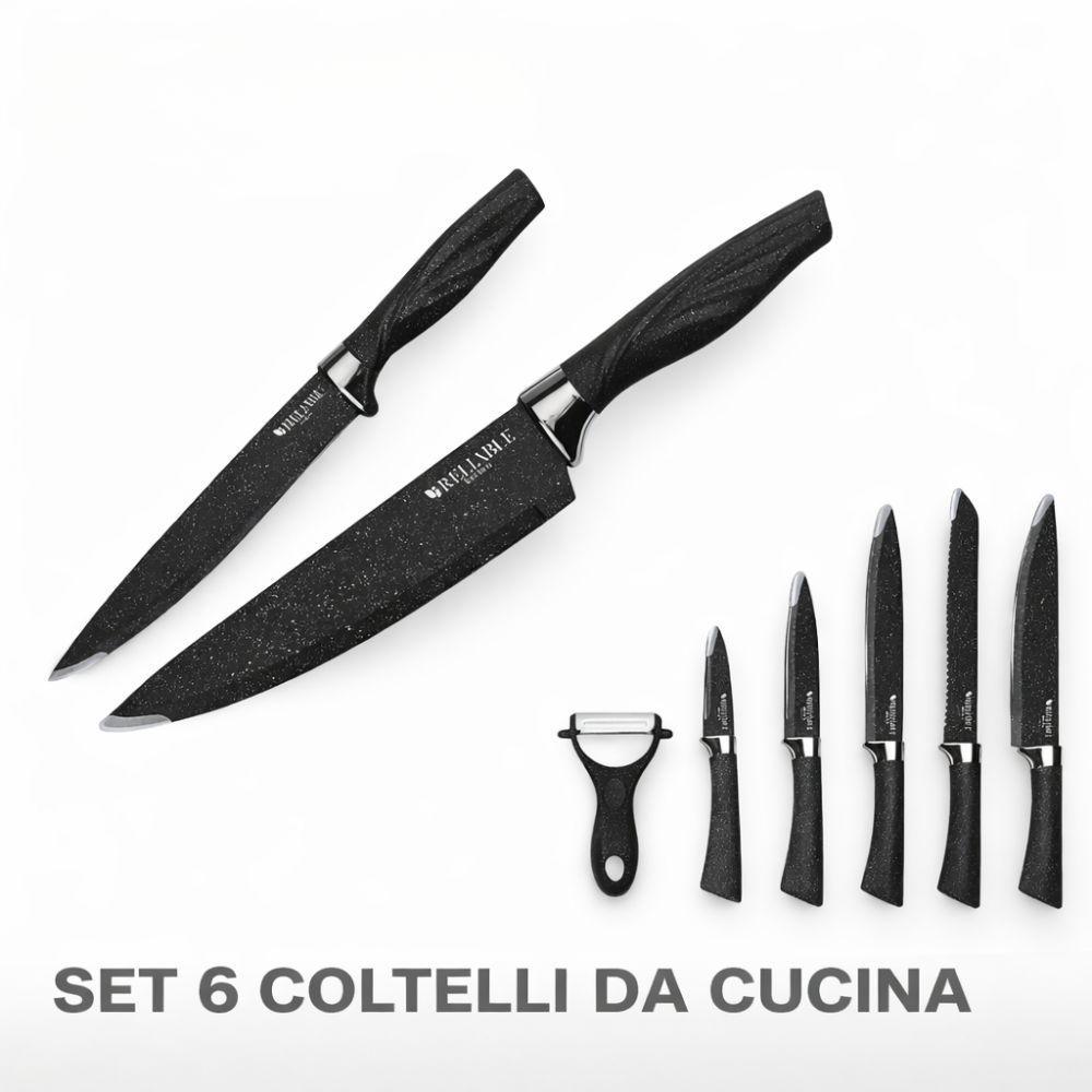 set 6 coltelli da cucina – acciaio antiaderente e impugnatura ergonomica - foto 4 Set nero con due coltelli grandi in primo piano e accessori in basso a destra