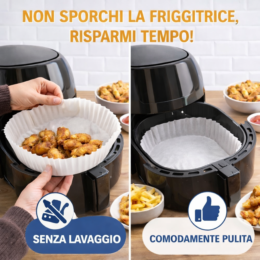 Dettaglio della carta antiaderente per friggitrice ad aria, 23x23 cm