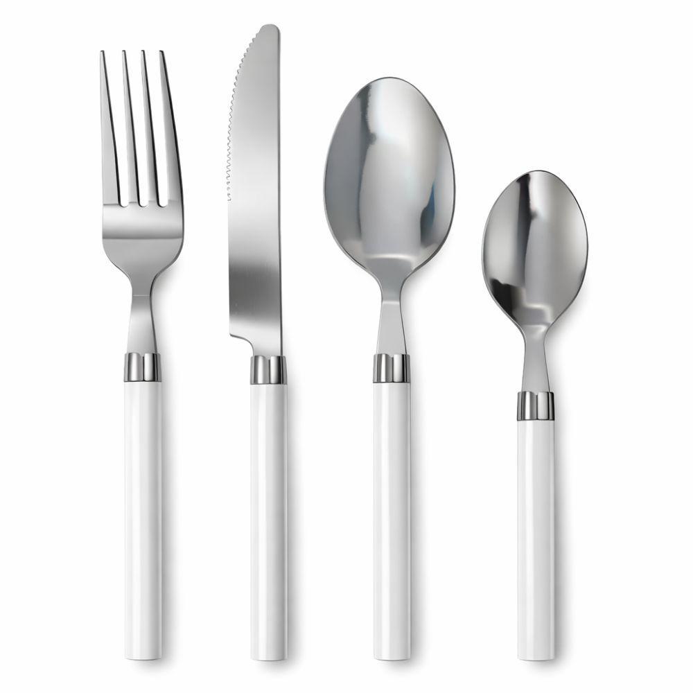 set posate 24 pezzi in acciaio inox con manico taupe - foto 2 Posate singole: forchetta, coltello, cucchiaio grande, cucchiaio piccolo con manici bianchi e grigi