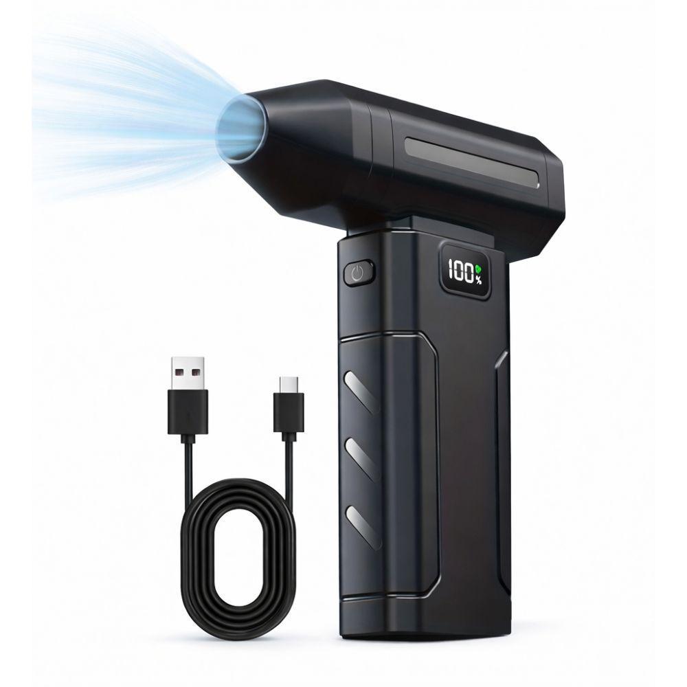 soffiatore elettrico portatile 10.000 r/s con 6 velocita - foto 1 Soffiatore portatile nero con ugello che emette getto d'aria, cavo USB e batteria inclusi