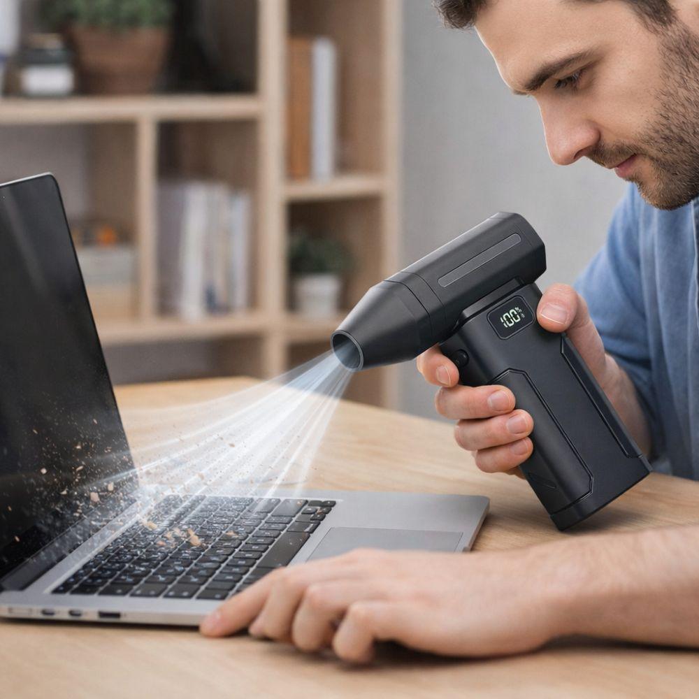soffiatore elettrico portatile 10.000 r/s con 6 velocita - foto 4 Soffiatore in uso su tastiera di laptop, pulizia pratica della periferica