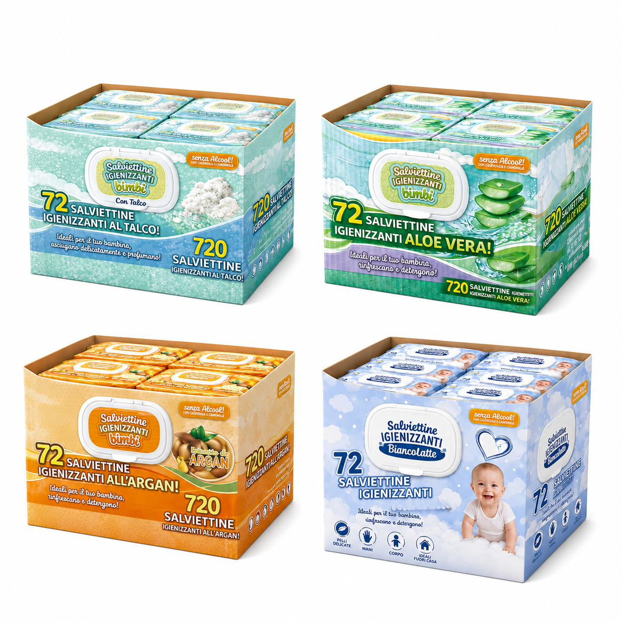 720 salviettine igenizzanti idratanti con aloe vera/ talco/ argan/ biancolatte ( 10 pacchetti da 72 pezzi) - foto 1 Salviettine igenizzanti idratanti con aloe vera, talco, argan e biancolatte