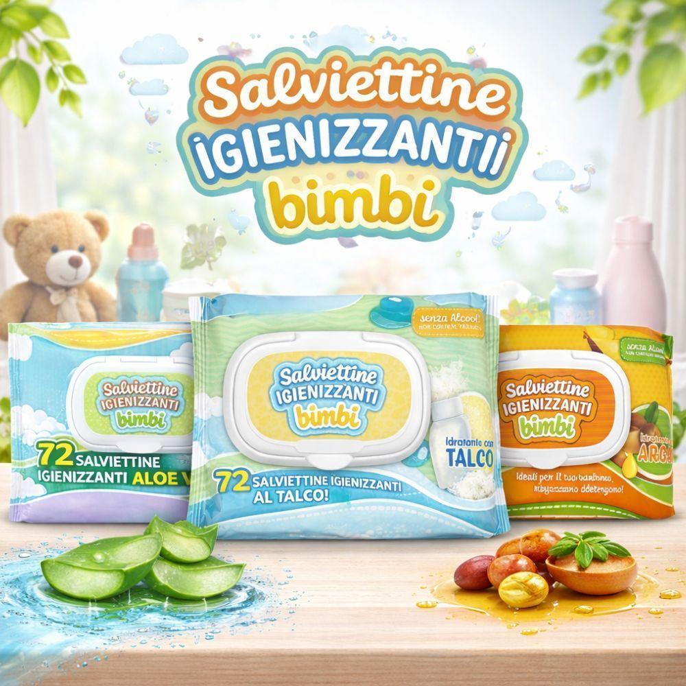 720 salviettine igenizzanti idratanti con aloe vera/ talco/ argan/ biancolatte ( 10 pacchetti da 72 pezzi) - foto 6 Salviettine igenizzanti idratanti con estratti naturali, confezione da 720 pezzi