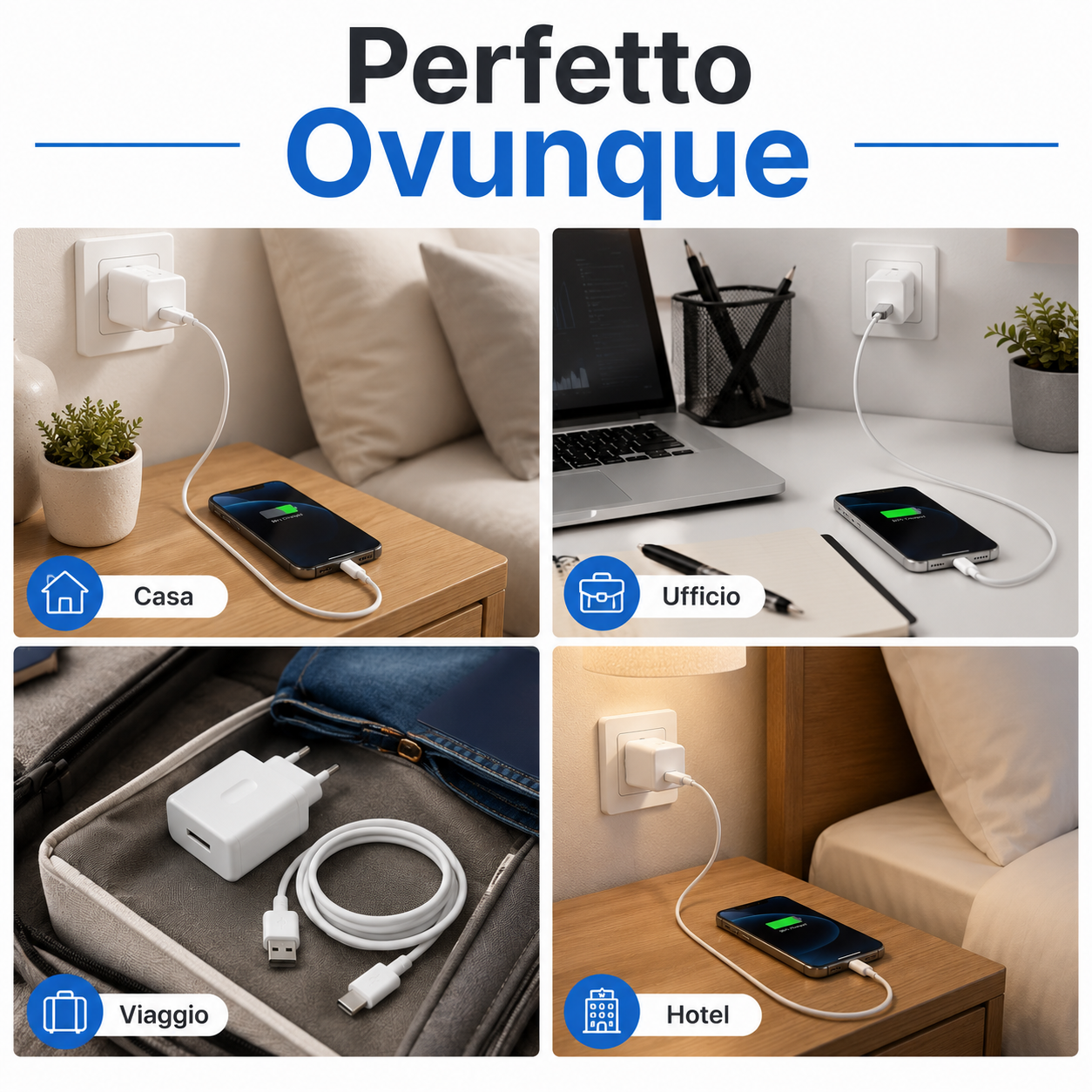 Caricatore USB C con cavo integrato da 1 metro, dettaglio della compatibilità
