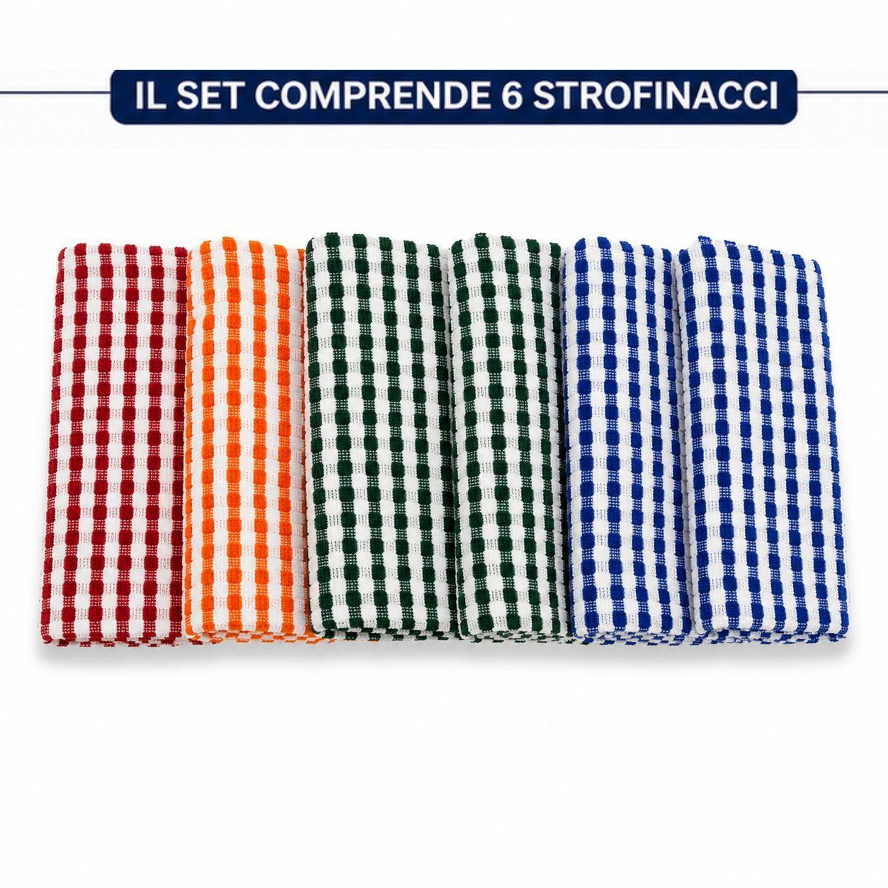 Set di sei strofinacci in cotone multicolore, assorbenti e resistenti al lavaggio