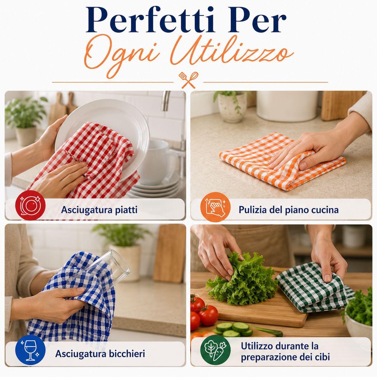 Set di sei strofinacci da cucina in cotone multicolore, dettaglio della texture e qualitu00e0 assorbente