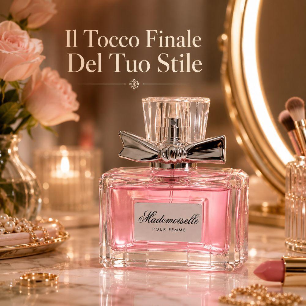 Profumo Mademoiselle in ambientazione elegante con specchio, fiori, accessori di stile e testo sovrapposto