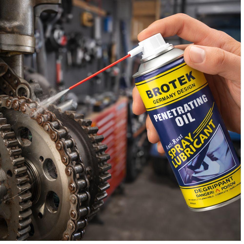Spray Brotek per lo sblocco di viti e bulloni, applicazione su meccanismi inceppati
