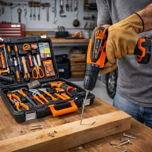 Valigia attrezzi da 57 pezzi con trapano avvitatore 12v e accessori inclusi