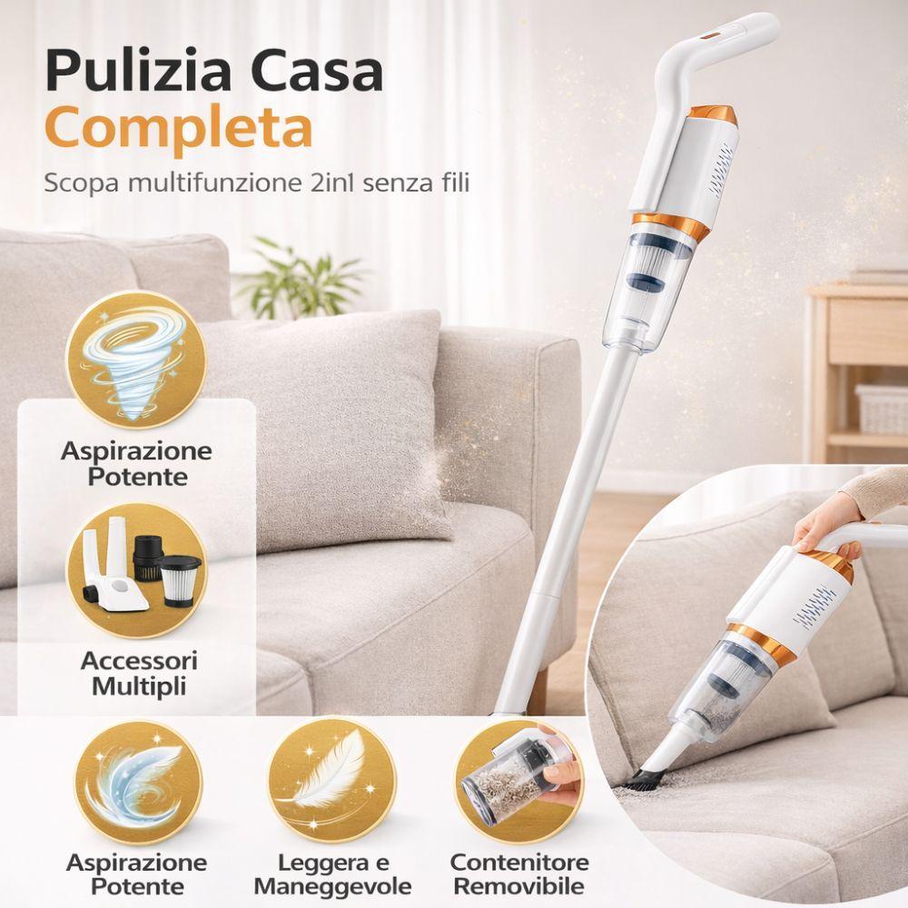Scopa elettrica 2in1 in uso su divano e superfici morbide dell'ambiente domestico