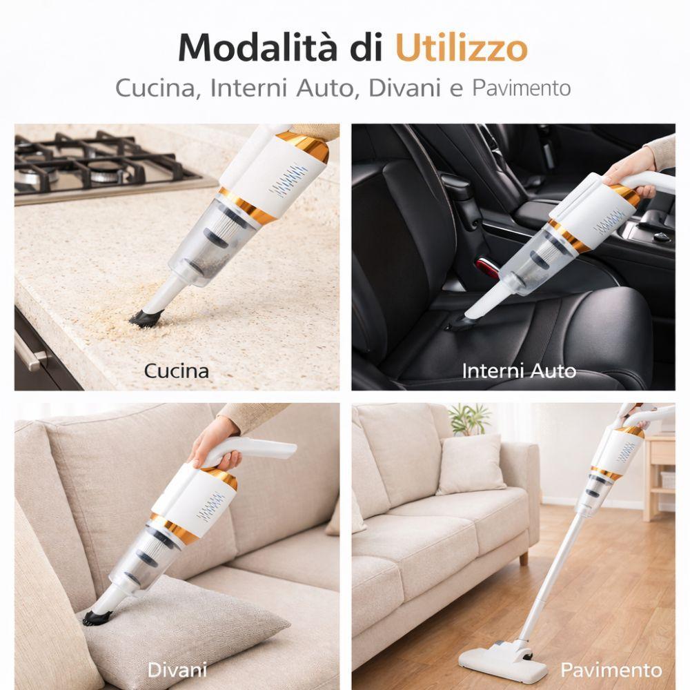 Scopa elettrica Multifunzionale 2in1 in configurazione di utilizzo con accessori inclusi