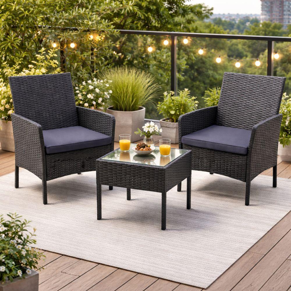 set salotto da giardino 3 pezzi effetto rattan nero con cuscini - foto 2 set salotto da giardino 3 pezzi effetto rattan nero con cuscini - foto 2