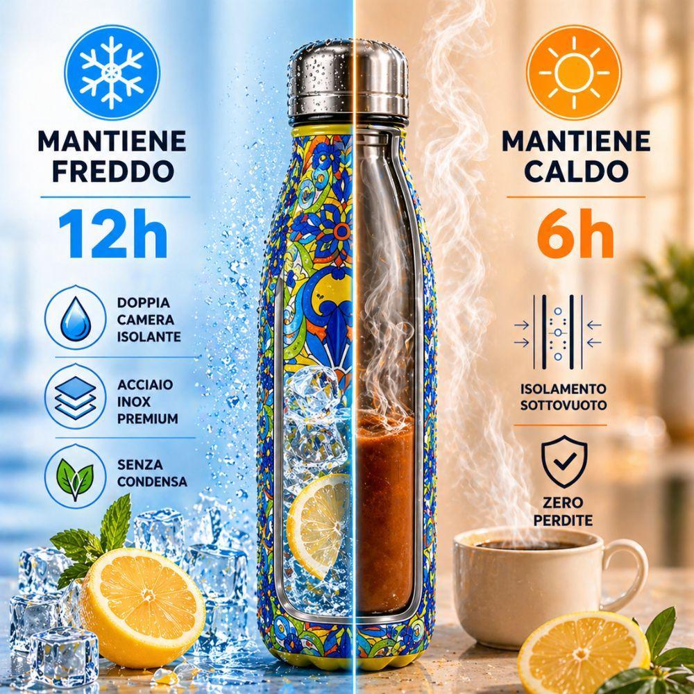 Infografica caratteristiche: 12h isolamento freddo, 6h isolamento caldo, senza BPA, senza perdite