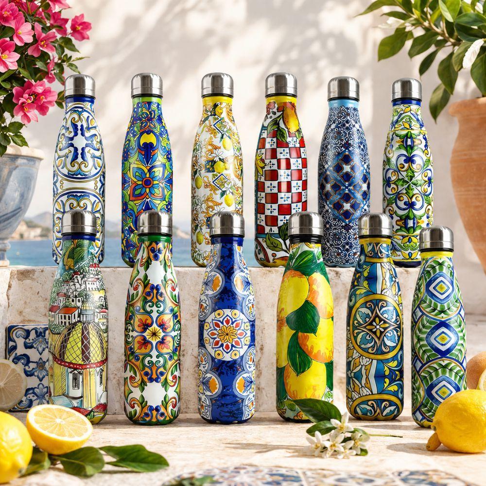 Bottiglia termica acciaio inox design maioliche colorate con elementi decorativi