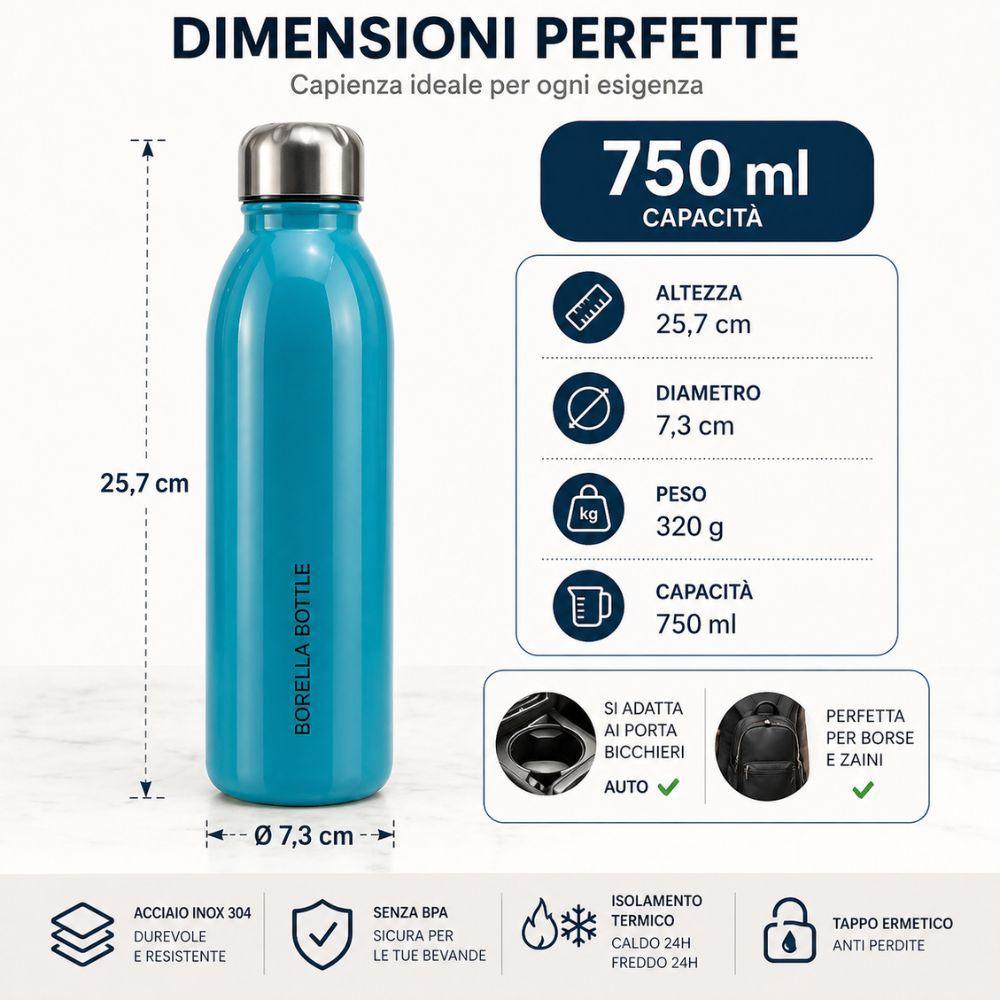 Infografica tecnica: bottiglia 750ml, altezza 25,7cm, diametro 7,3cm, peso 320g, tappo acciaio, base antiscivolo