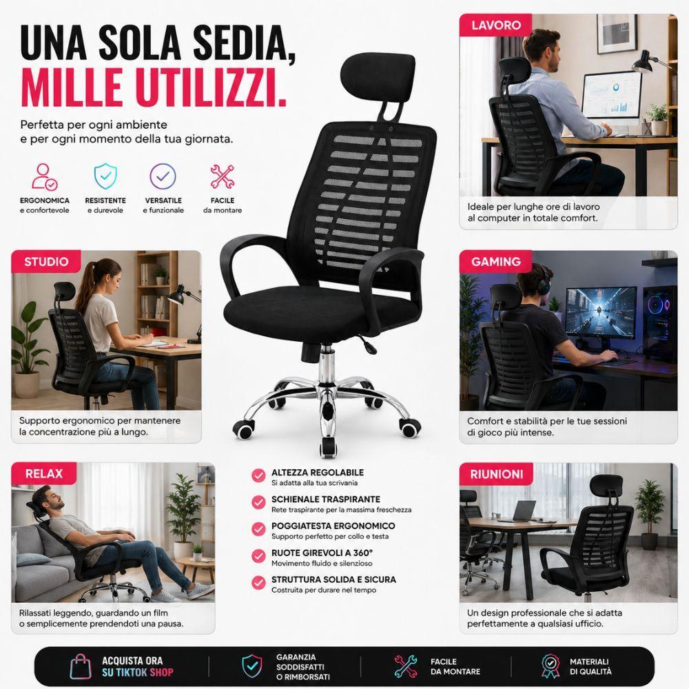  sedia ufficio ergonomica con poggiatesta e schienale traspirante - foto 2