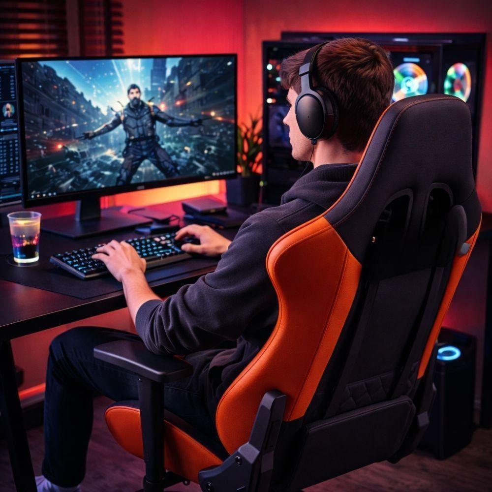 Sedia gaming nera con dettagli arancioni, uso in postazione di gioco