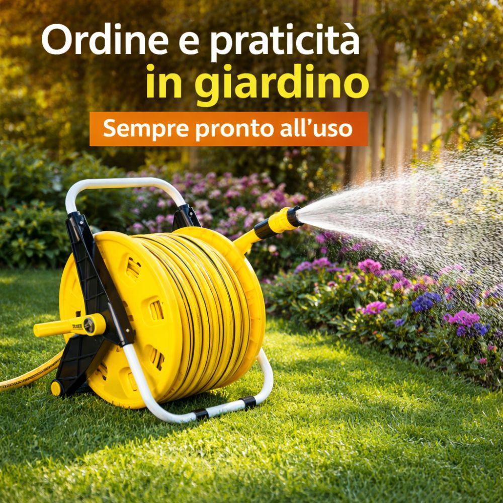 Avvolgitubo da giardino con tubo arrotolato, vista del meccanismo di riavvolgimento