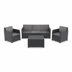 Set salotto da giardino 4 pezzi effetto rattan nero con cuscini