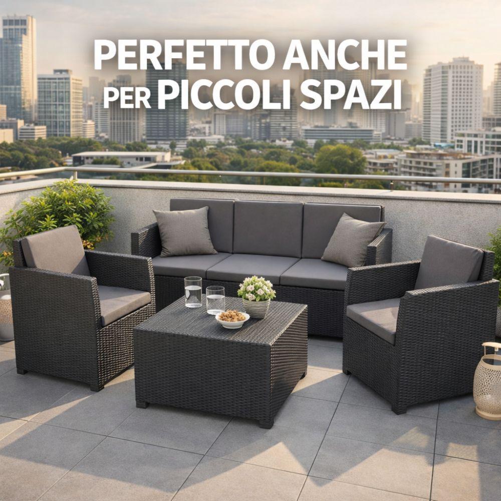  set salotto da giardino 4 pezzi effetto rattan nero con cuscini - foto 5