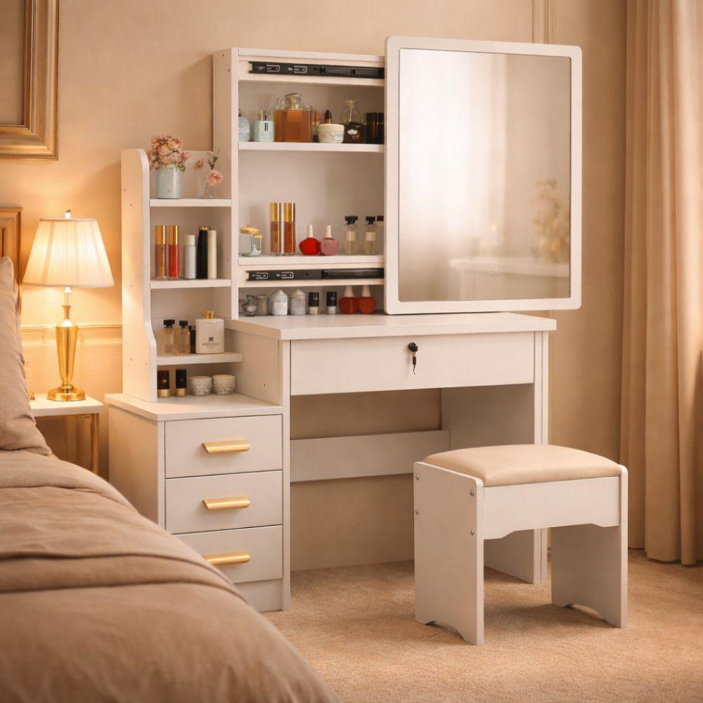 toeletta trucco con specchio scorrevole e cassettiera - bianco elegante - foto 3 toeletta trucco con specchio scorrevole e cassettiera - bianco elegante - foto 3