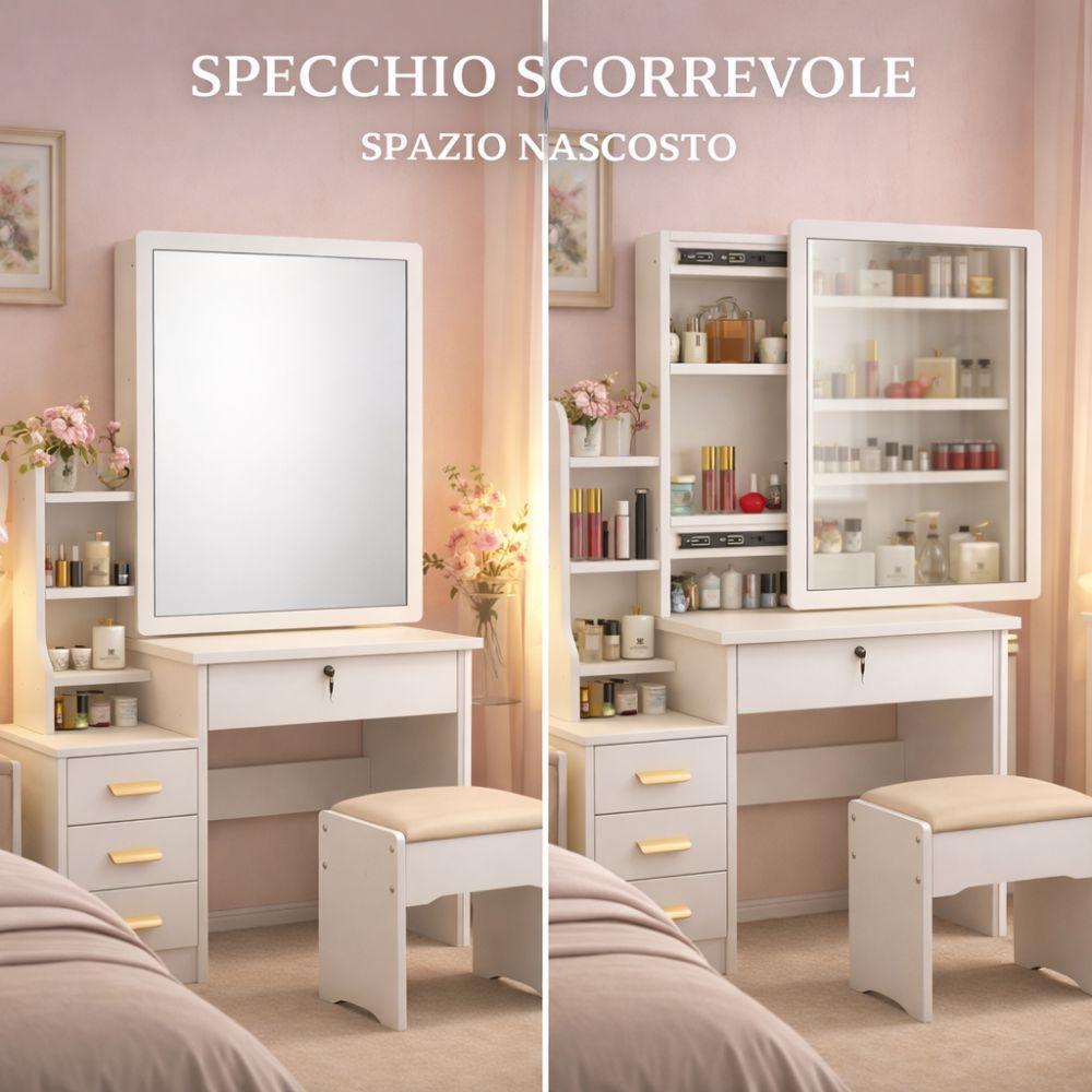 toeletta trucco con specchio scorrevole e cassettiera - bianco elegante - foto 4 toeletta trucco con specchio scorrevole e cassettiera - bianco elegante - foto 4