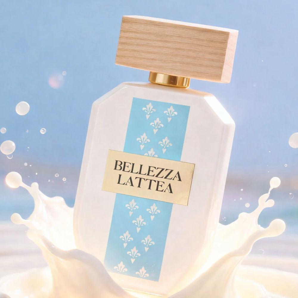 profumo bellezza lattea 100ml eau de parfum fragranza dolce e avvolgente - foto 2 Flacone circondarsi da effetto latteo in scatto d'ambiente suggestivo