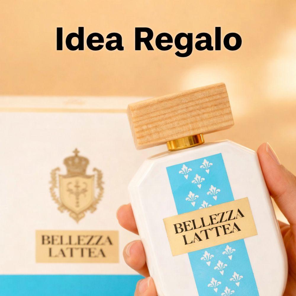 profumo bellezza lattea 100ml eau de parfum fragranza dolce e avvolgente - foto 4 Flacone di Profumo Bellezza Lattea in mano con indicazione Idea Regalo
