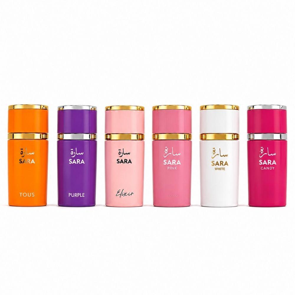 mini collection sara 25ml profumi donna set fragranze eleganti e persistenti formato tascabile - foto 1 Set di sei flaconi di profumo in miniatura: arancione, viola, rosa chiaro, rosa intenso, bianco e fucsia su sfondo bianco