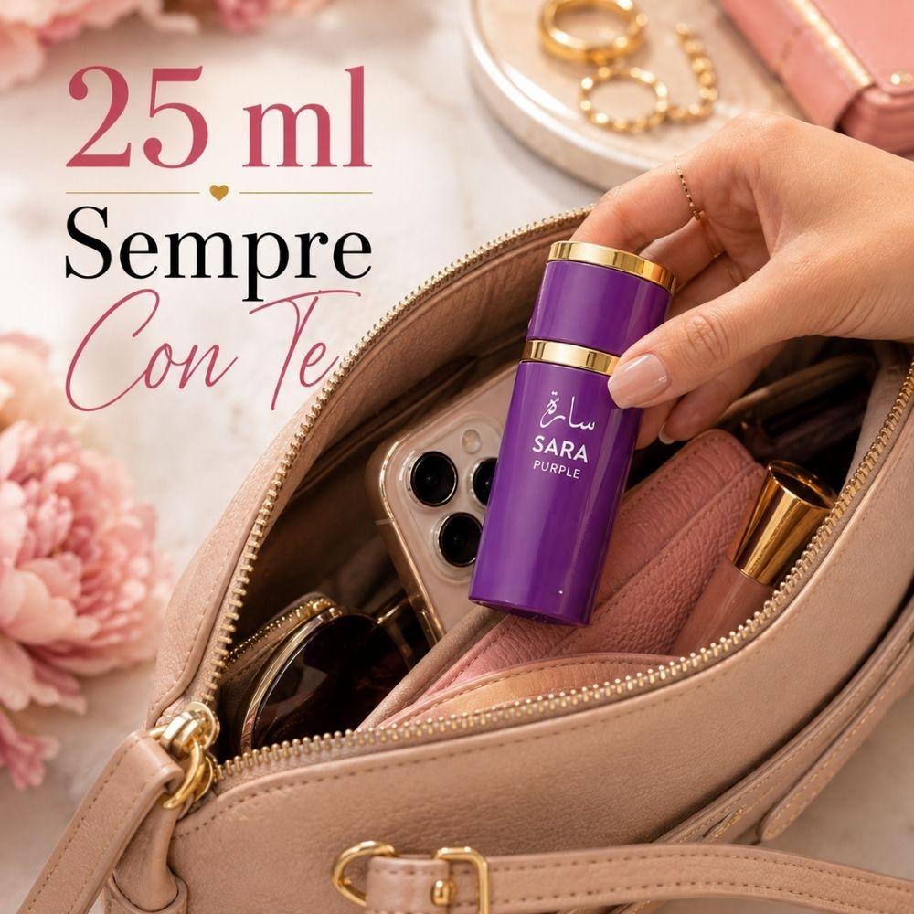 mini collection sara 25ml profumi donna set fragranze eleganti e persistenti formato tascabile - foto 3 Flacone viola 25ml con accessori e elementi decorativi nella composizione