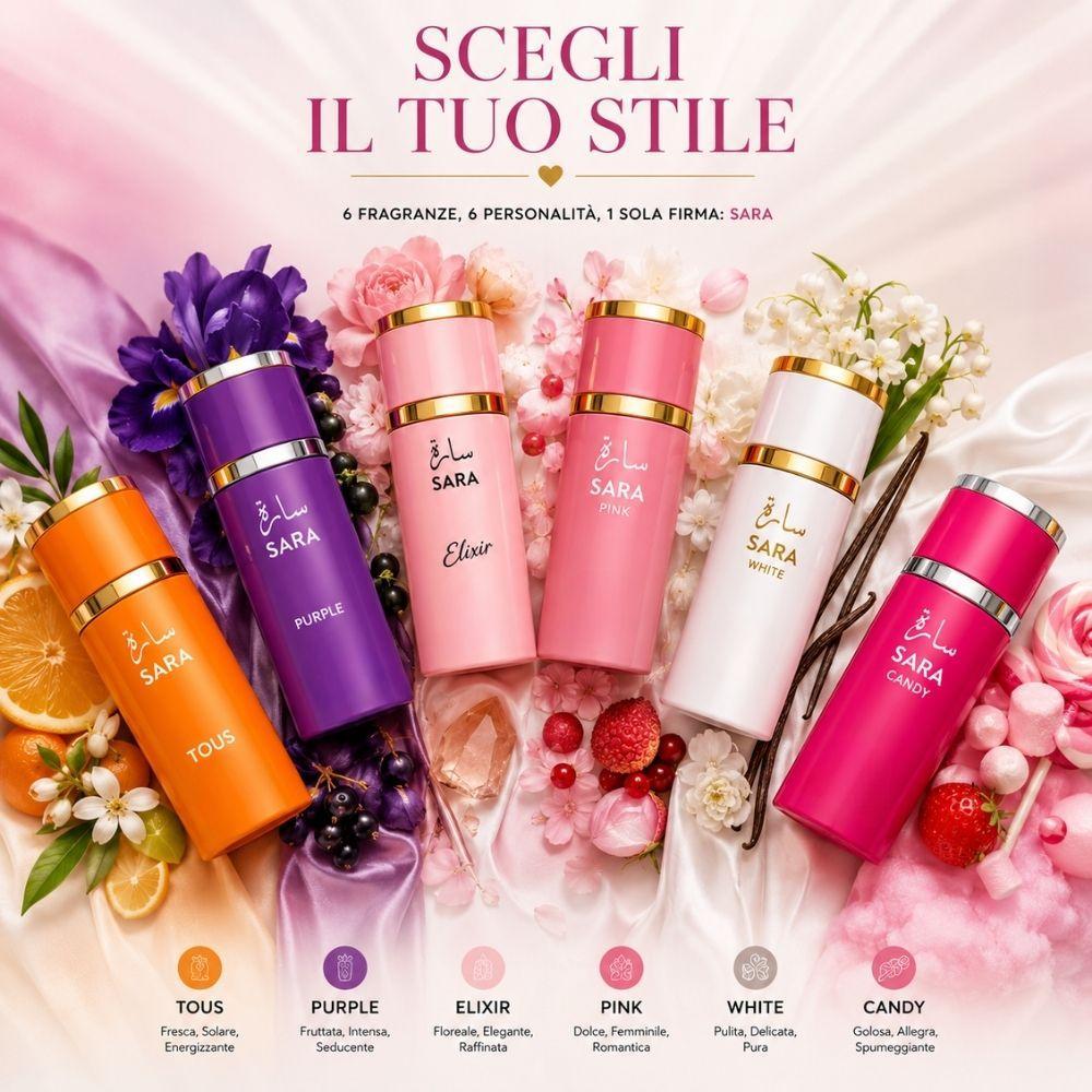 mini collection sara 25ml profumi donna set fragranze eleganti e persistenti formato tascabile - foto 4 Sei flaconi 25ml circondati da fiori con testo