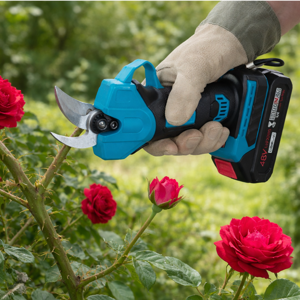 cesoia elettrica a batteria 48v con motore brushless per taglio rami potatura - foto 3 Cesoia elettrica in azione durante il taglio di rami in giardino