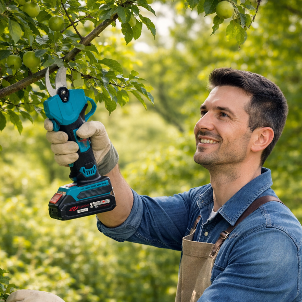 cesoia elettrica a batteria 48v con motore brushless per taglio rami potatura - foto 4 Cesoia in funzione durante il taglio di rami su pianta