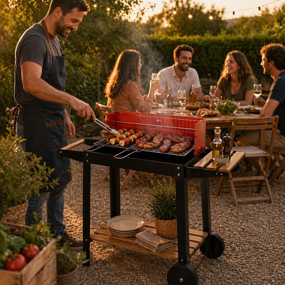 barbecue carrello a carbonella con ripiani in legno e ruote grill da giardino - foto 3 barbecue carrello a carbonella con ripiani in legno e ruote grill da giardino - foto 3