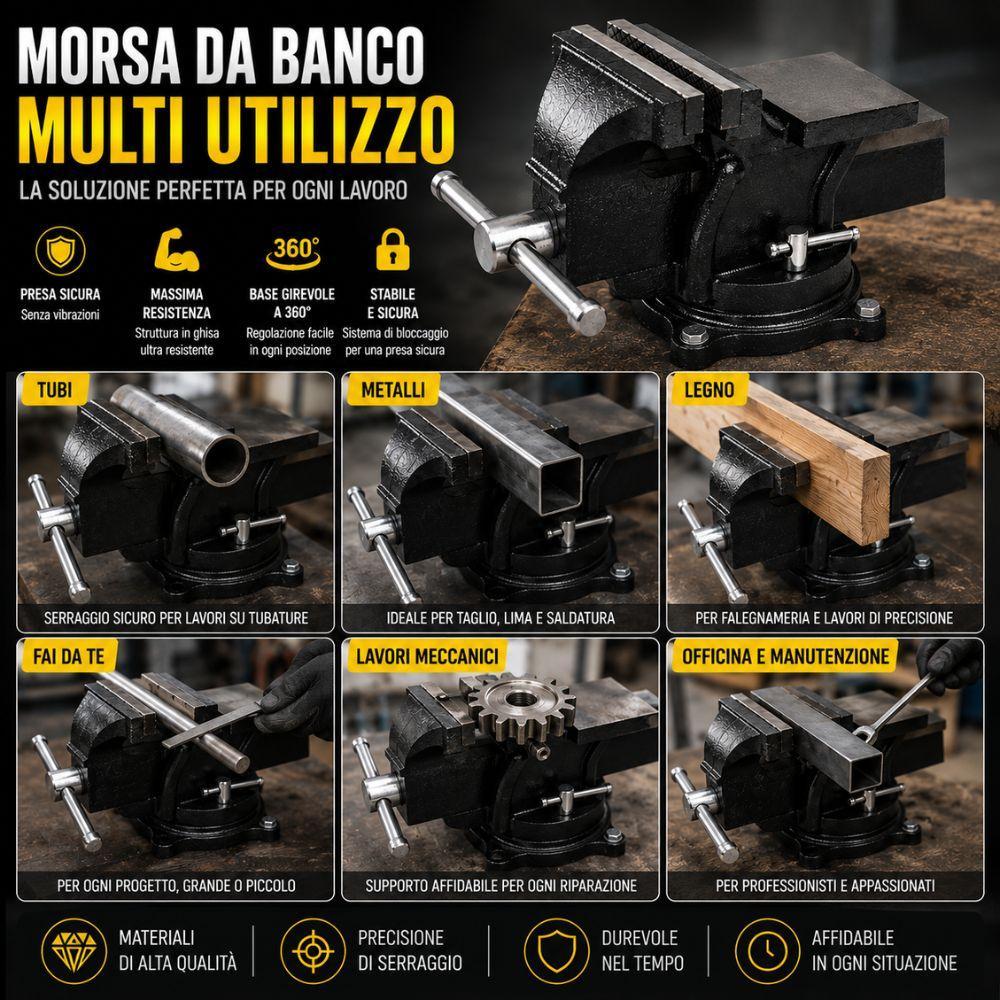  morsa da banco girevole professionale in ghisa con base rotante 360 gradi per officina falegnameria e lavori meccanici - foto 5