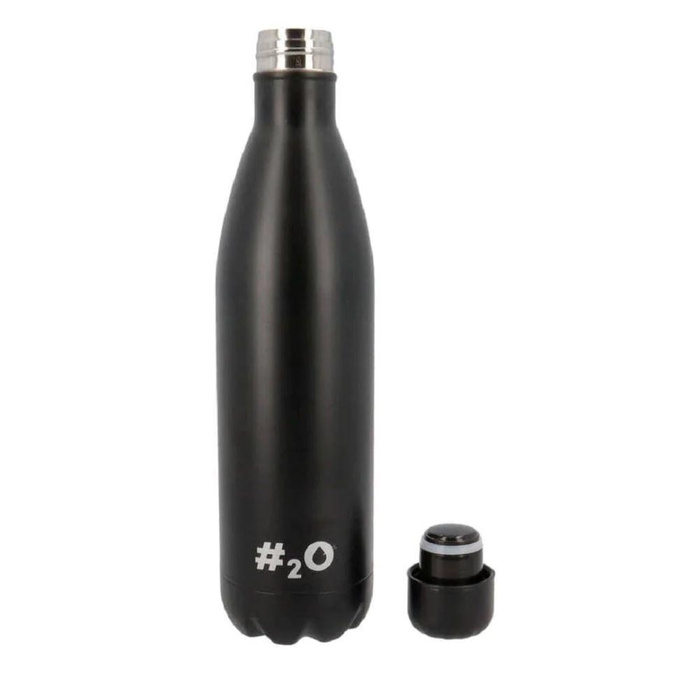 Bottiglia termica nera doppia parete acciaio inox, vista laterale con tappo ermetico staccato