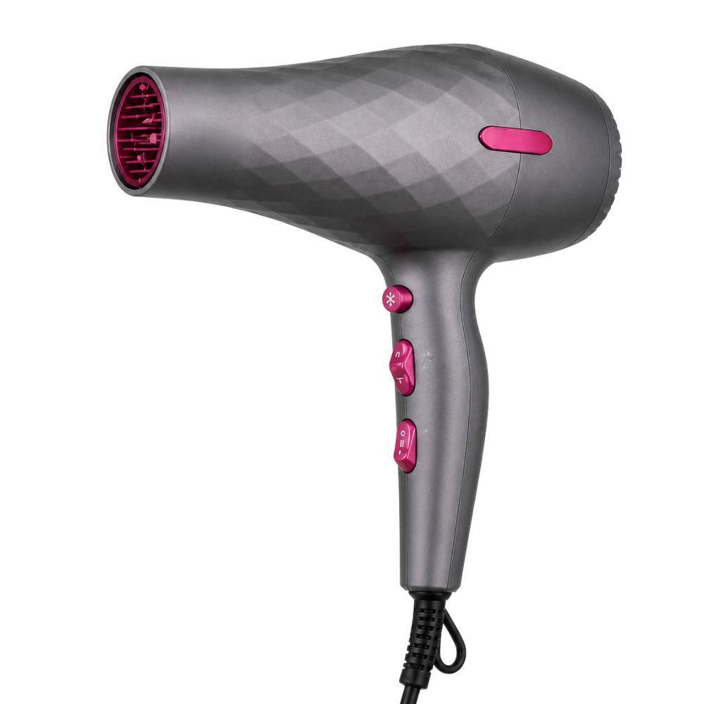 Phon grigio e rosa, forma ergonomica, beccuccio concentratore in evidenza, su sfondo bianco