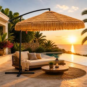 Ombrellone a braccio effetto paglia tropicale da giardino con base in metallo